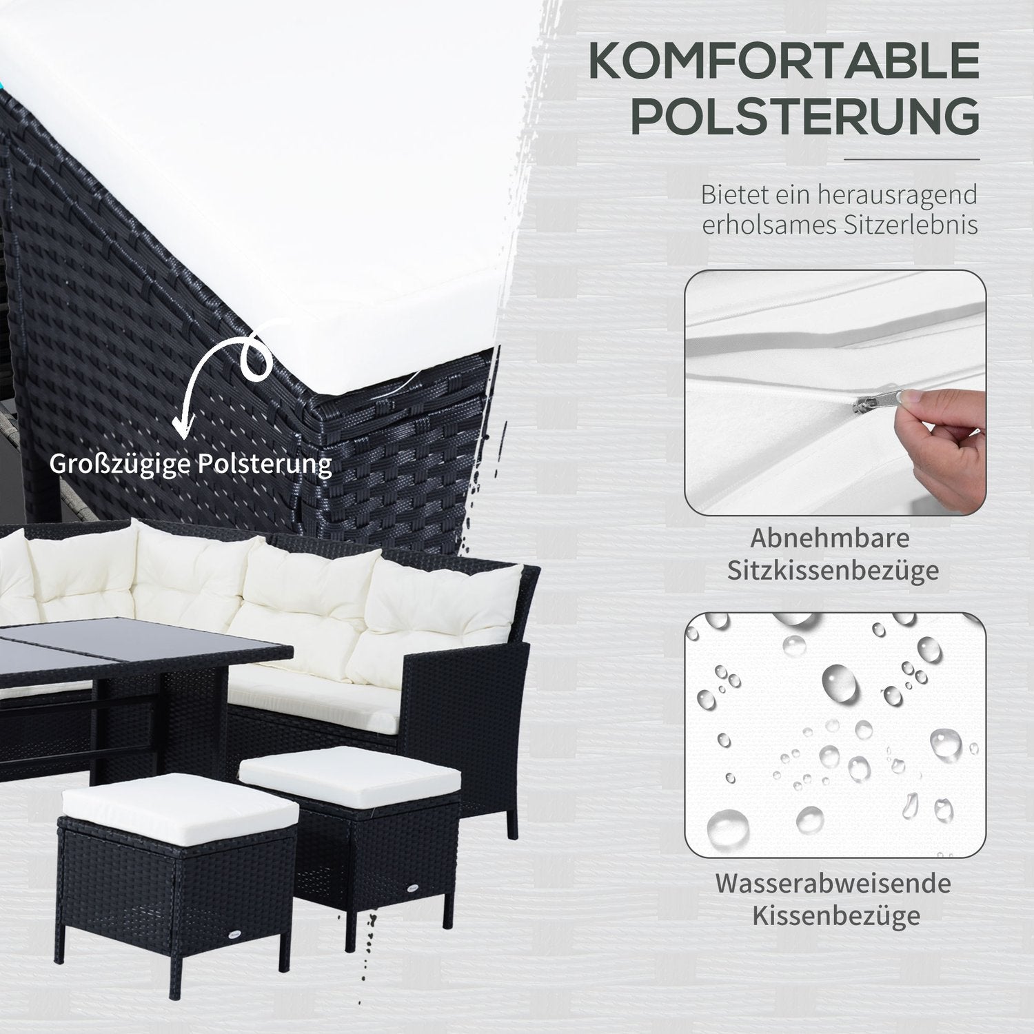 Soffset utomhus, 7 platser, polyrattan, svart/kräm/vit