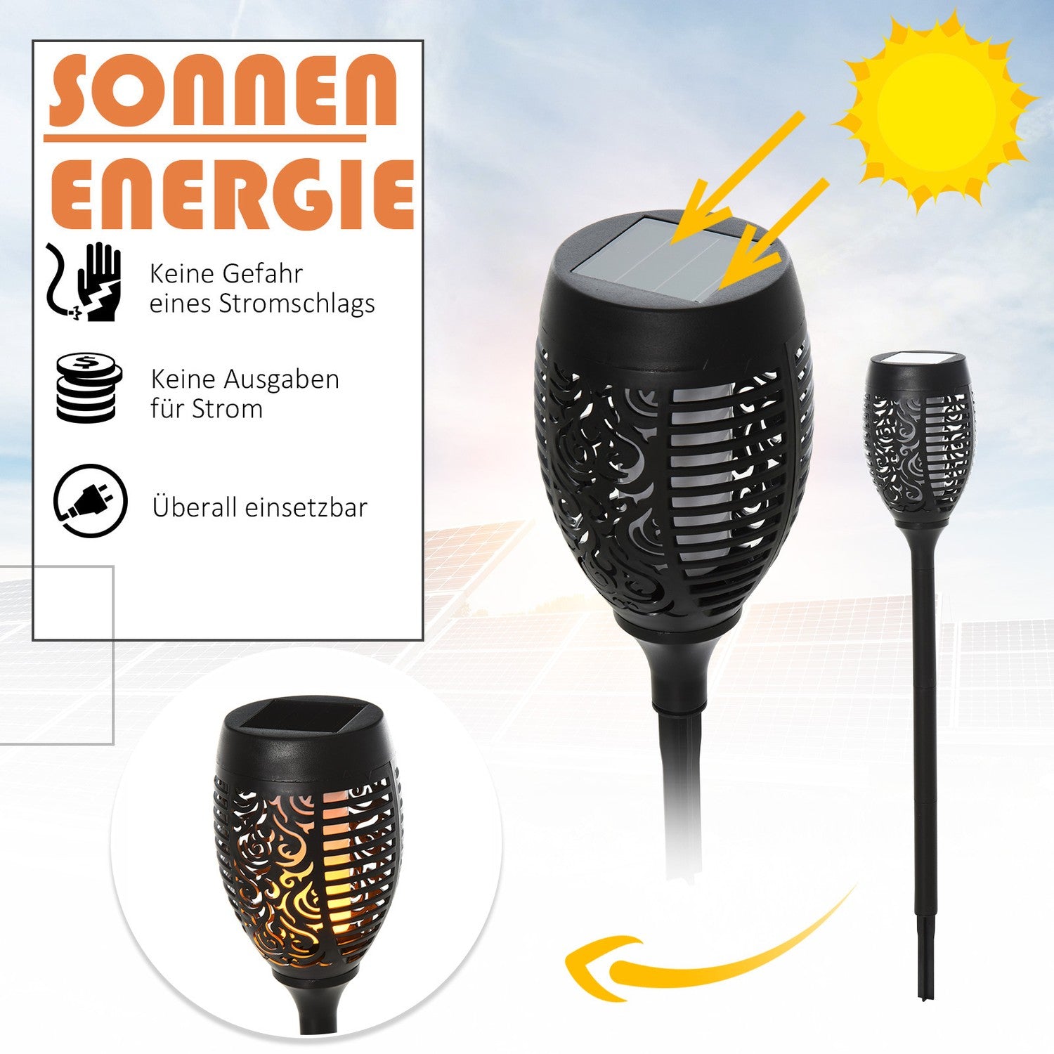 Set med 4 solar trädgårdslampor – 6-8H ljus, IP44, svart