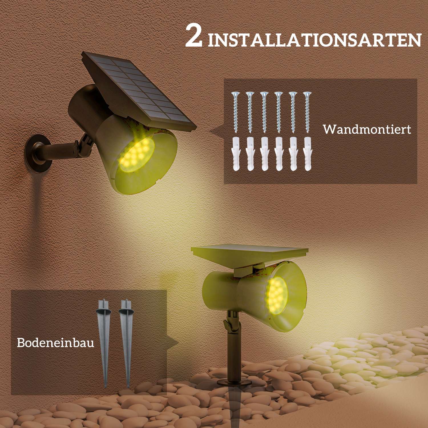 Solar Garden Lights, 2 färger, vägg-/golvmontering, IP54 vattentät