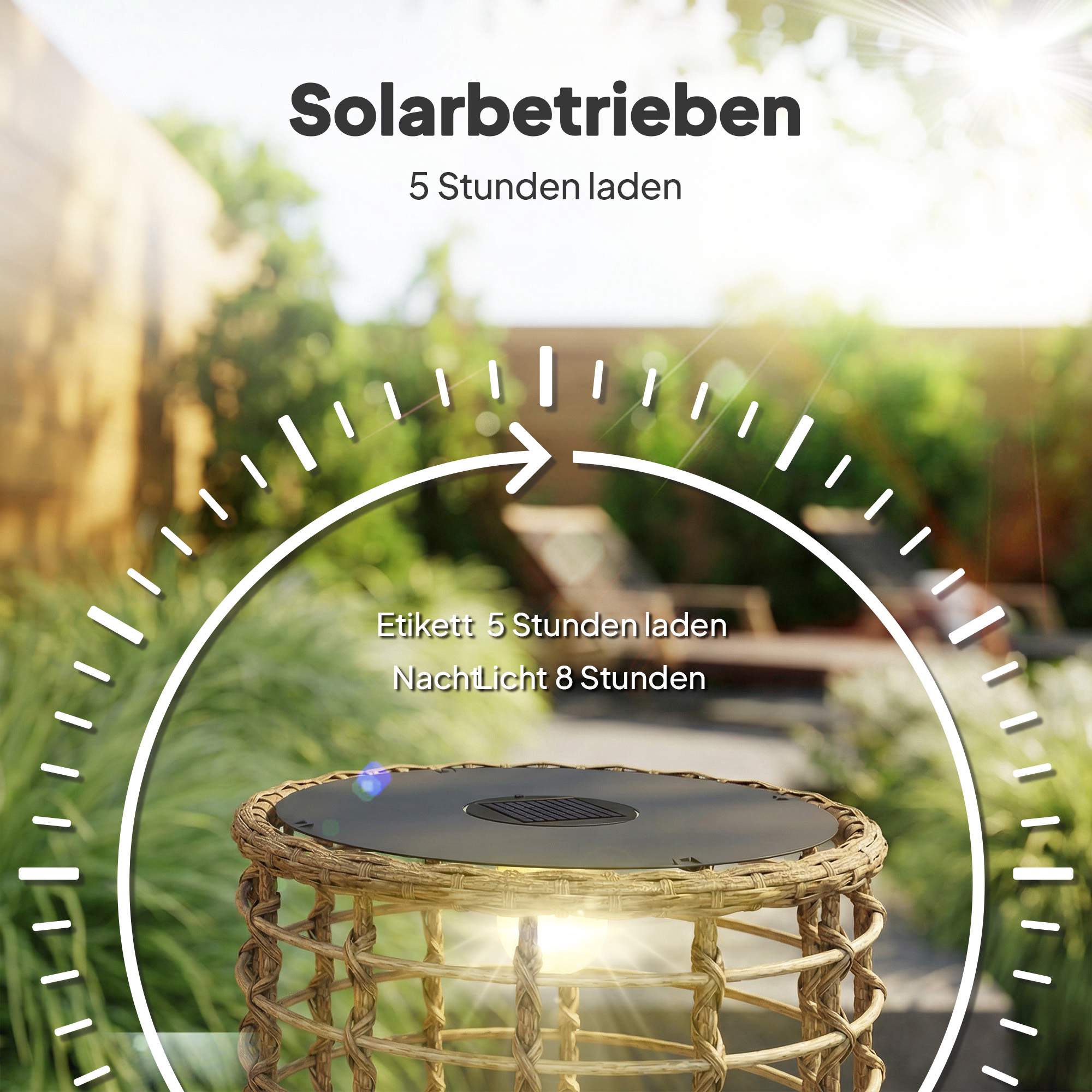 Soldriven rottinglampa, varmt ljus, utomhusbruk