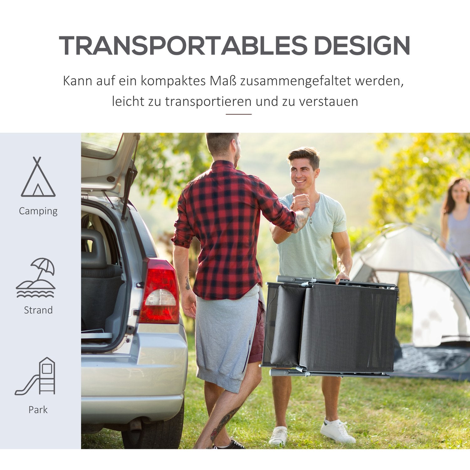 Justerbar grå solstol med dyna, hopfällbar metall