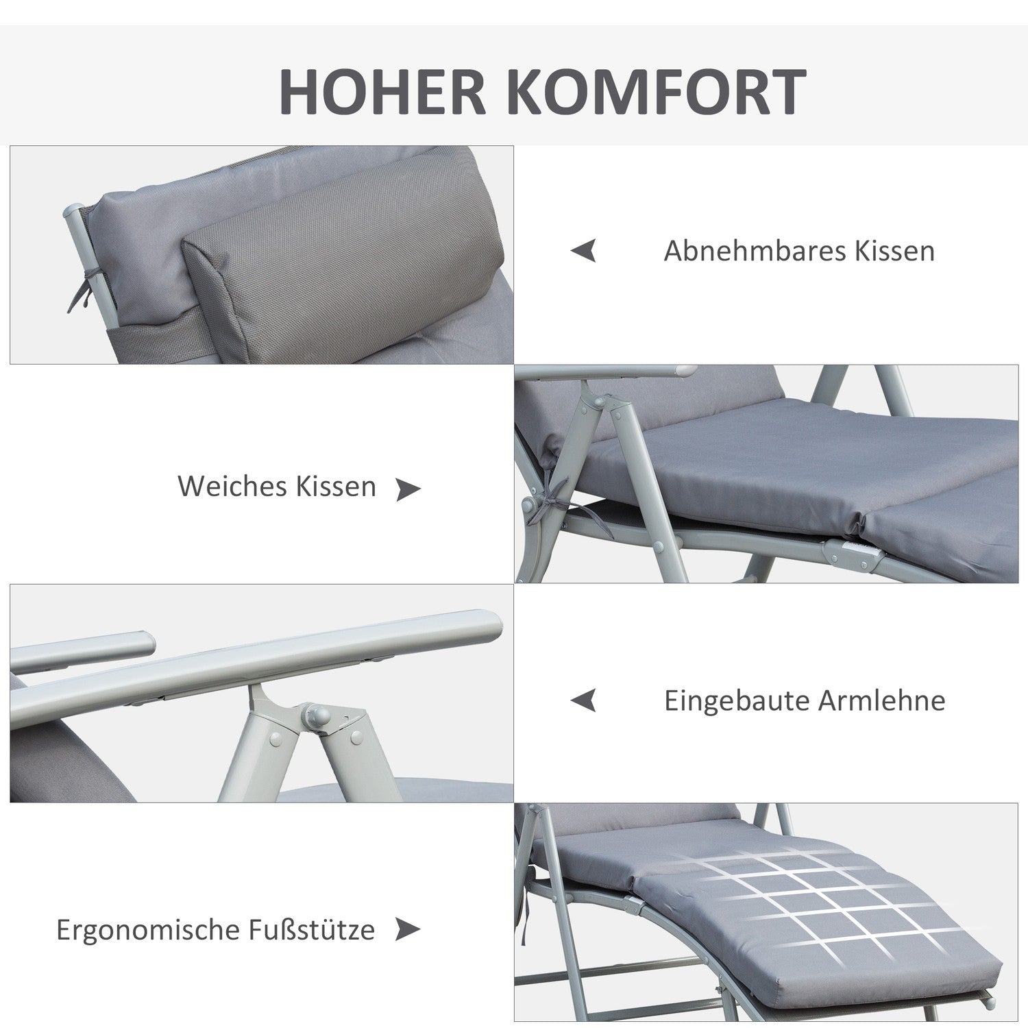 Justerbar grå solstol med dyna, hopfällbar metall