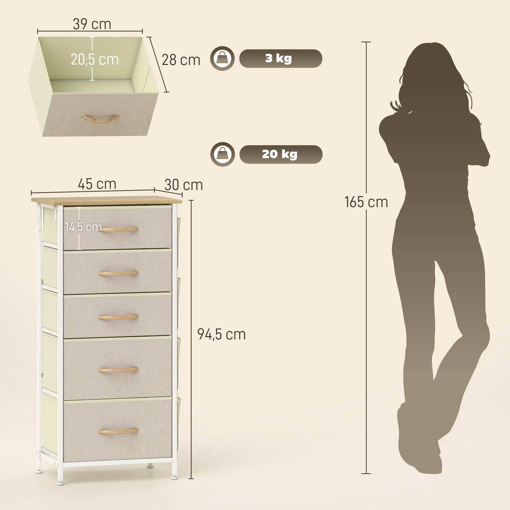 Sovrumsbyrå med 5 tyglådor, stålram, beige