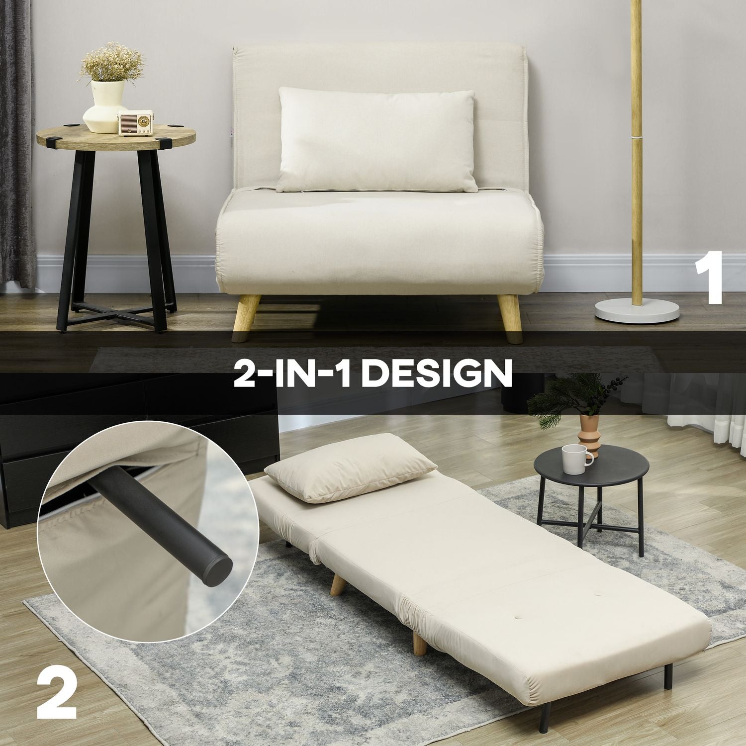 Folding Velvet Look Sleeper Chair med kuddar, Beige