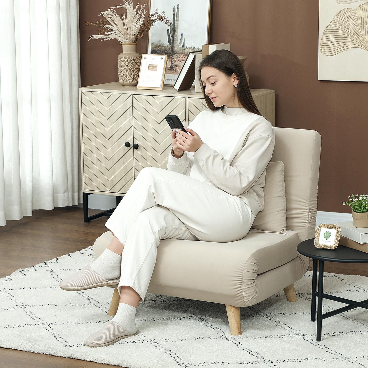 Folding Velvet Look Sleeper Chair med kuddar, Beige