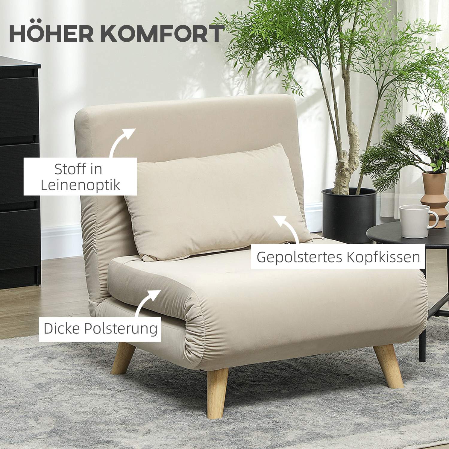 Folding Velvet Look Sleeper Chair med kuddar, Beige