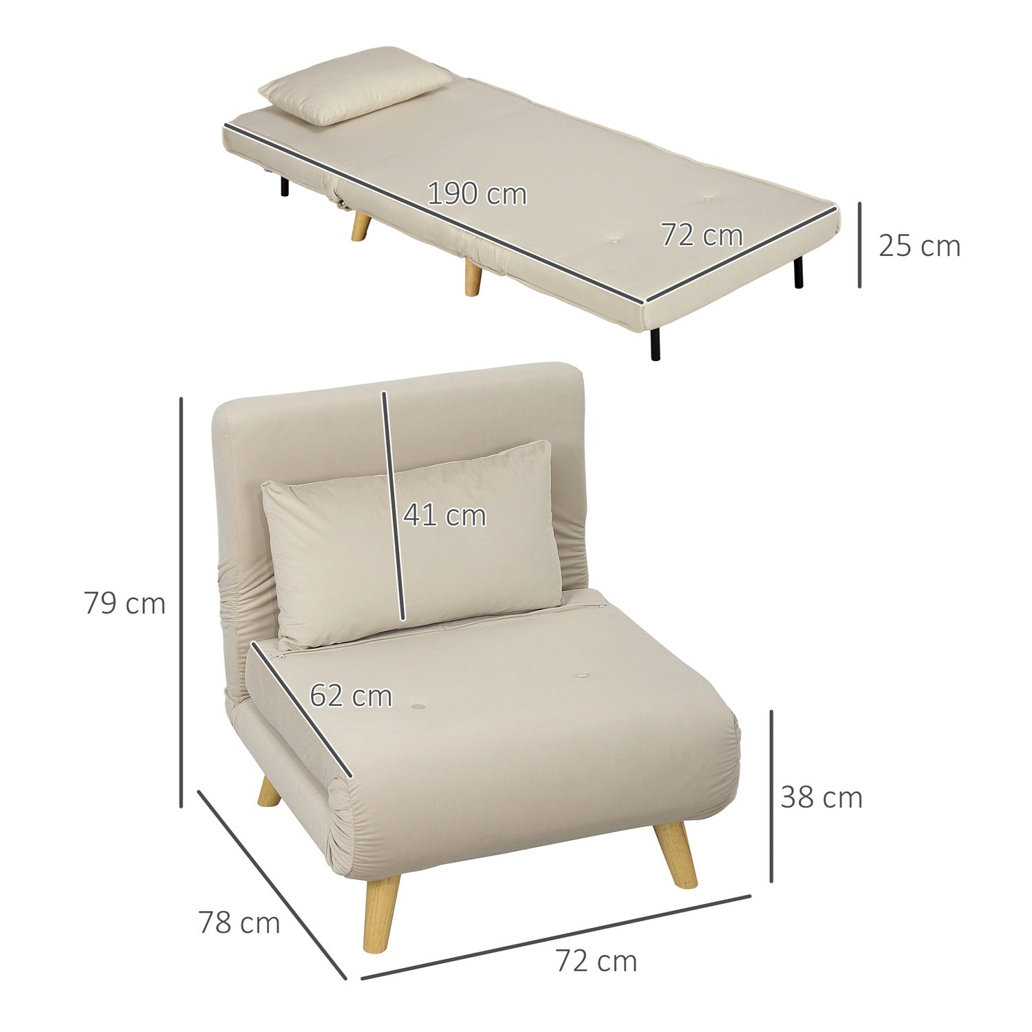 Folding Velvet Look Sleeper Chair med kuddar, Beige