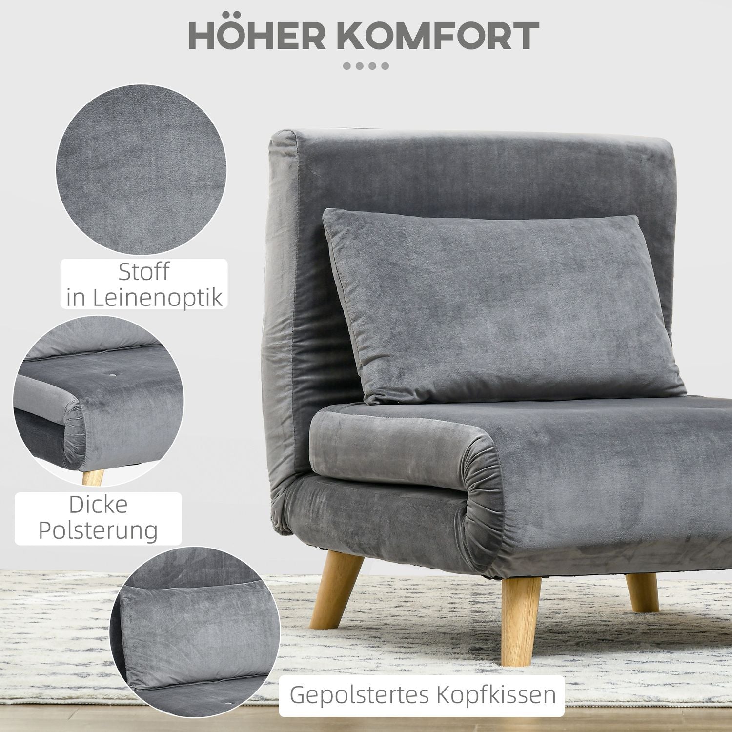 Hopfällbar sovstol Säng, Justerbart ryggstöd, Grå sammet