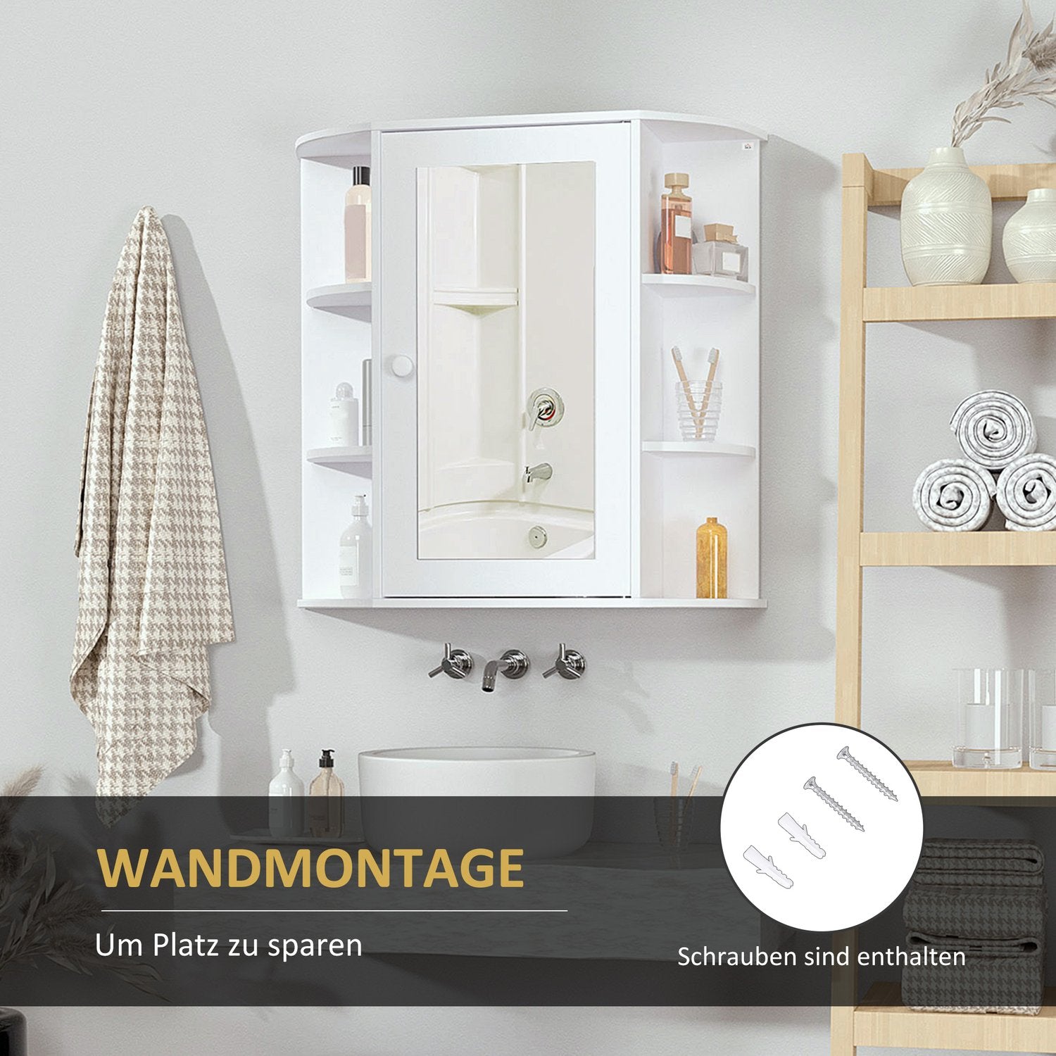 Vägghängt badrumsspegelskåp, 8 fack, vit