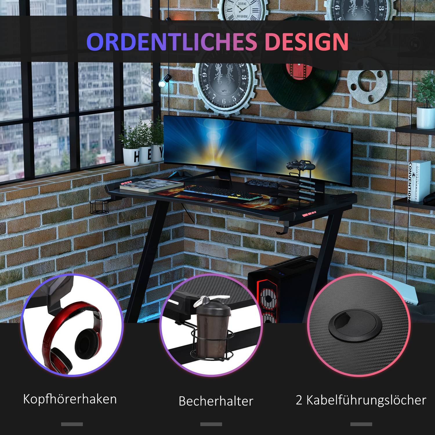Spelbord med LED, Mugghållare & Hörlurskrok, Svart
