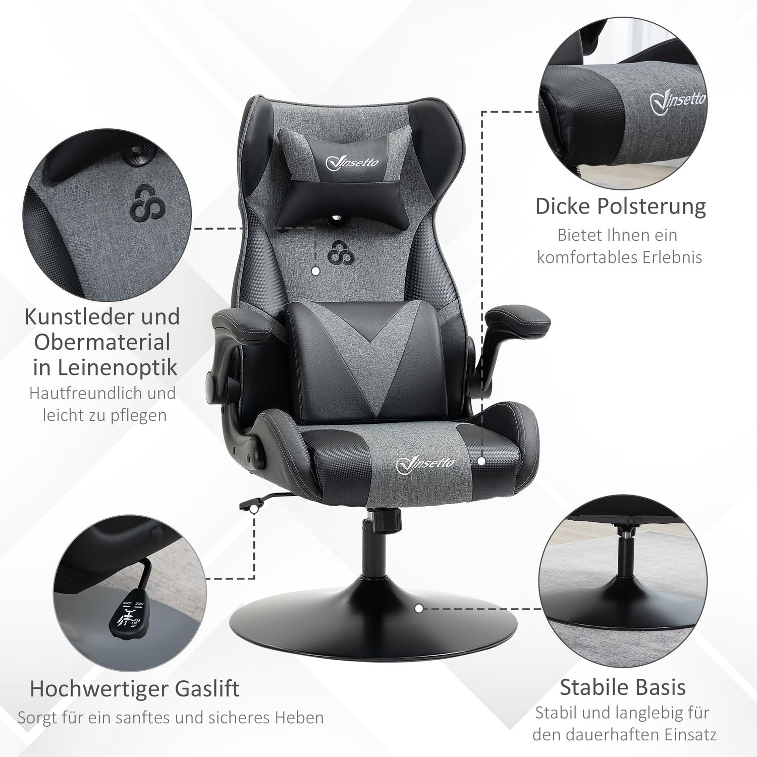 Spelstol, justerbar höjd, svart/grå, ergonomisk design