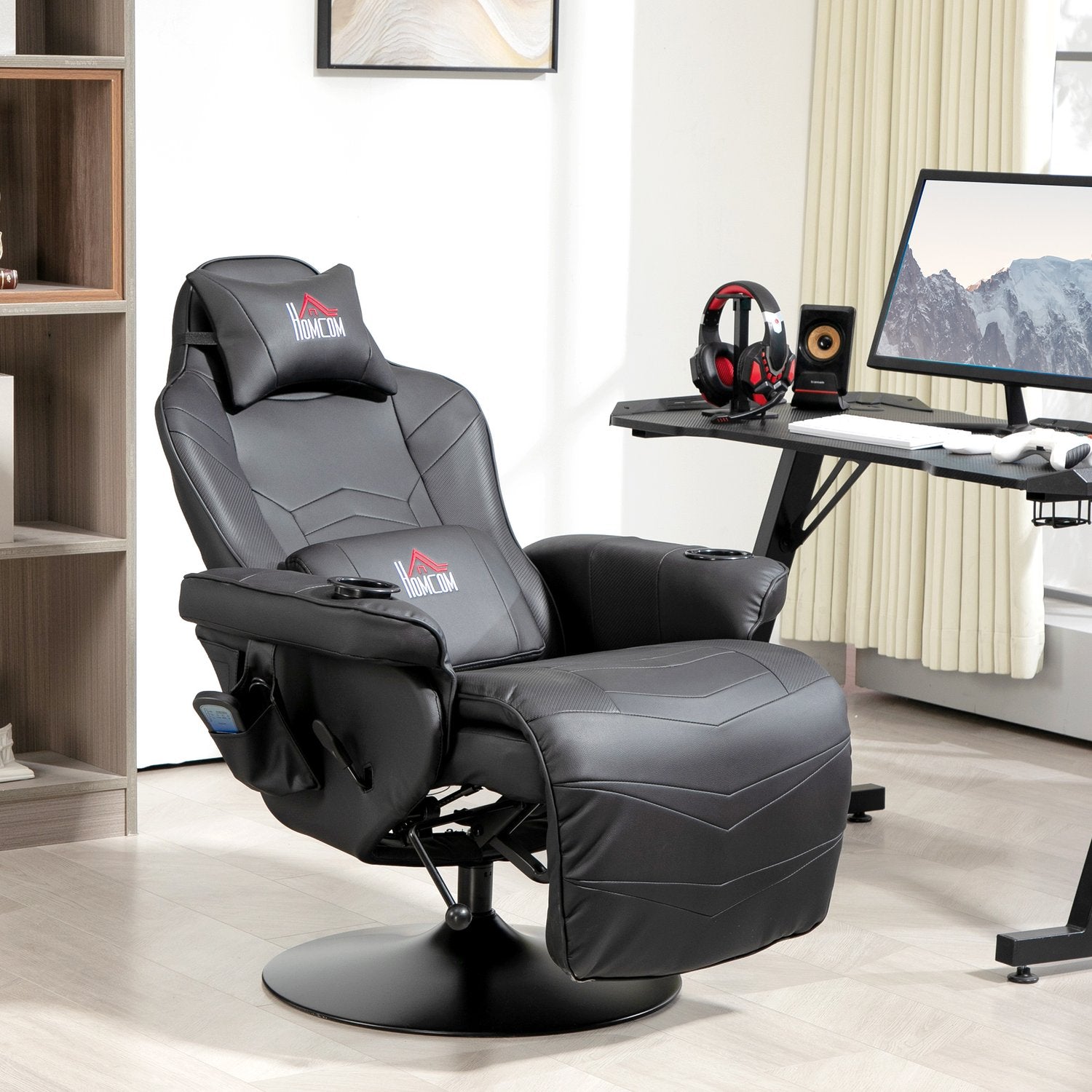 Spelstol med massage och fotstöd, svart läder-look