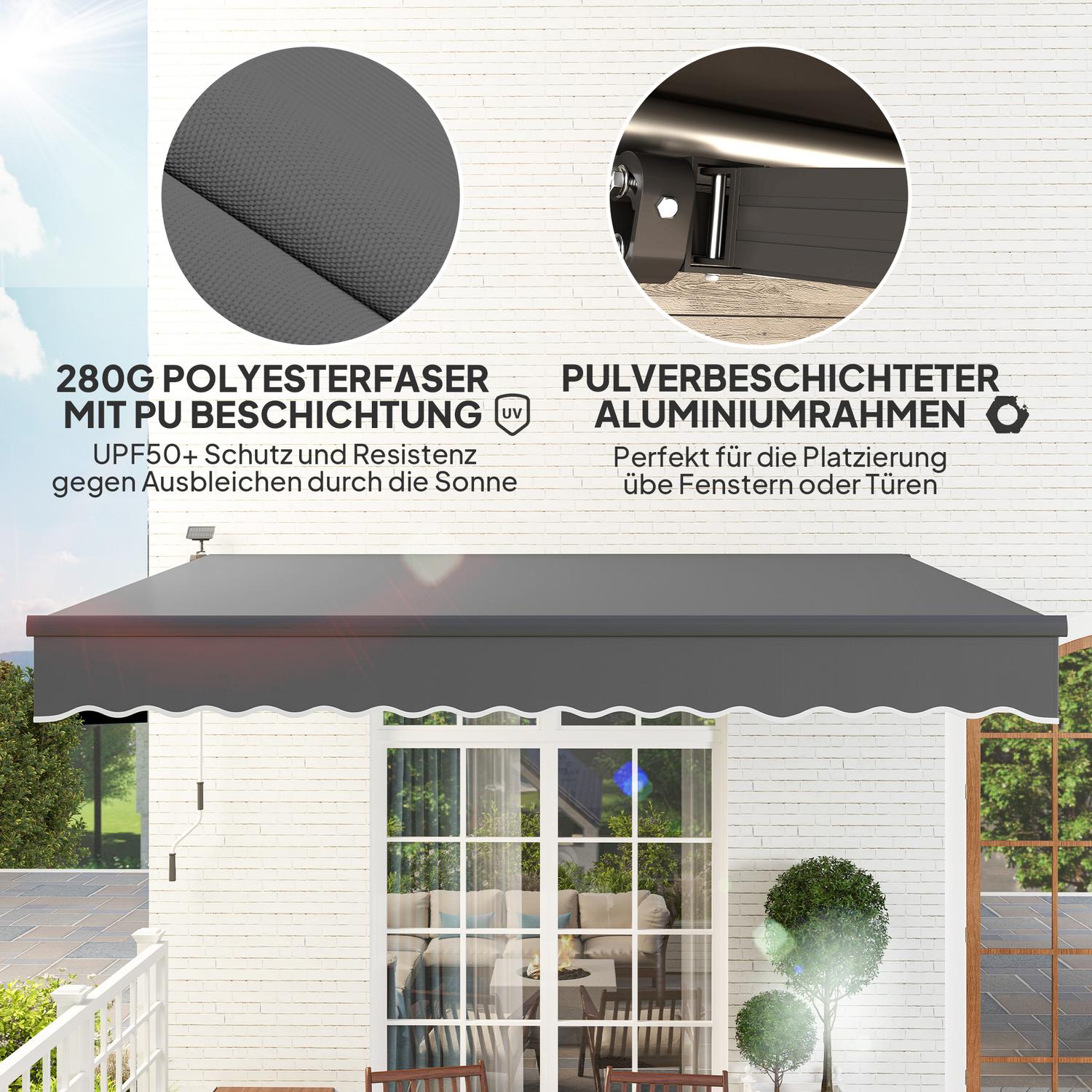 Spännmarkis med handvev, UV 50+, 400 cm, Grå