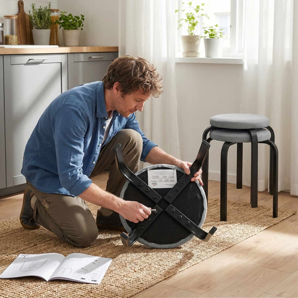 Stapelbara runda pallar, set med 4, vadderade, grå