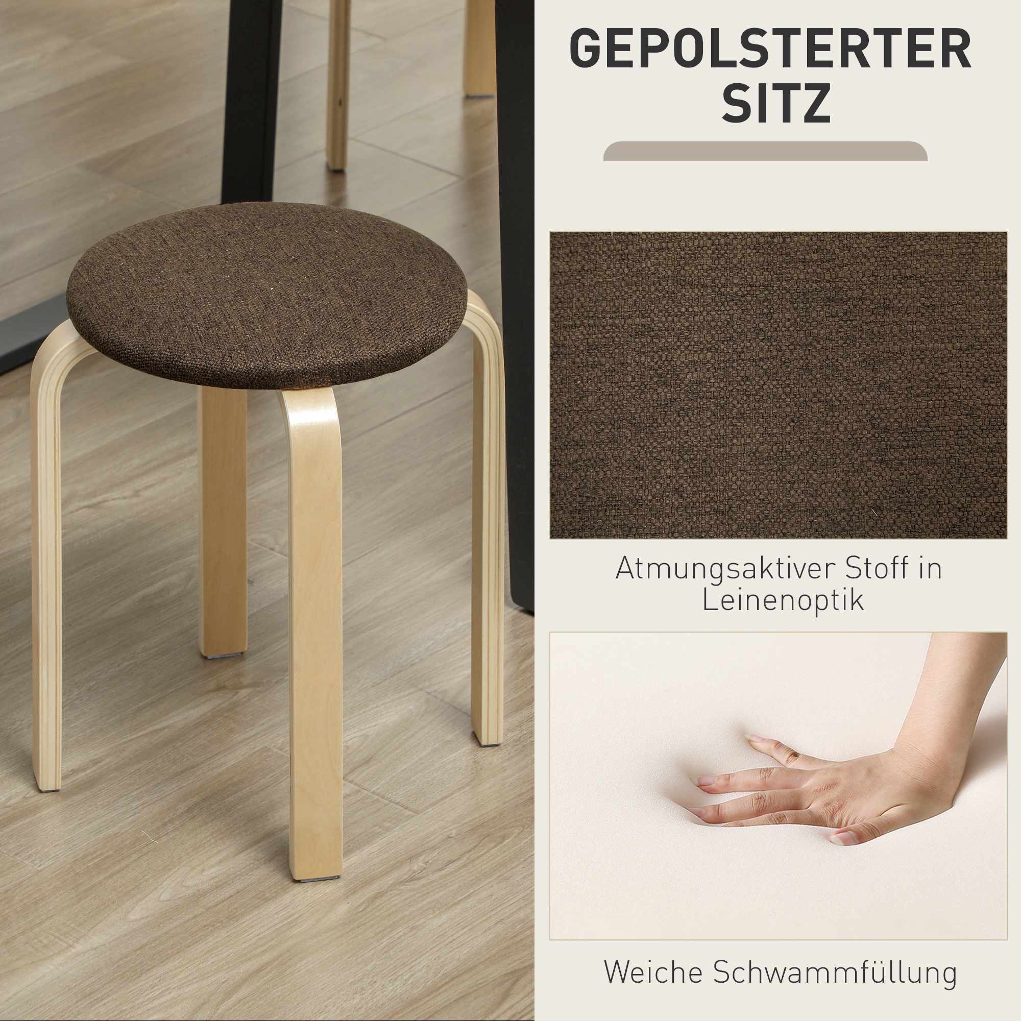 Stapelbara stoppade pallar, set om 4, träben, brun