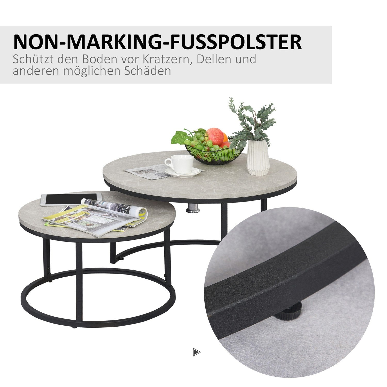 Stapelbar grå soffbordsset, metallram, för vardagsrum