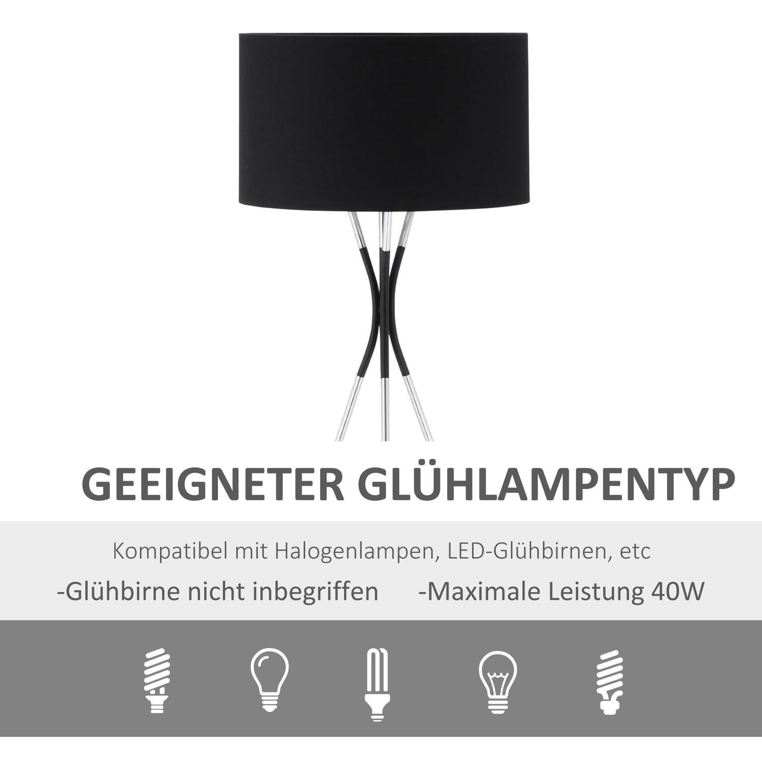 Stativ golvlampa, elegant 40W, tygskärm, metallfot