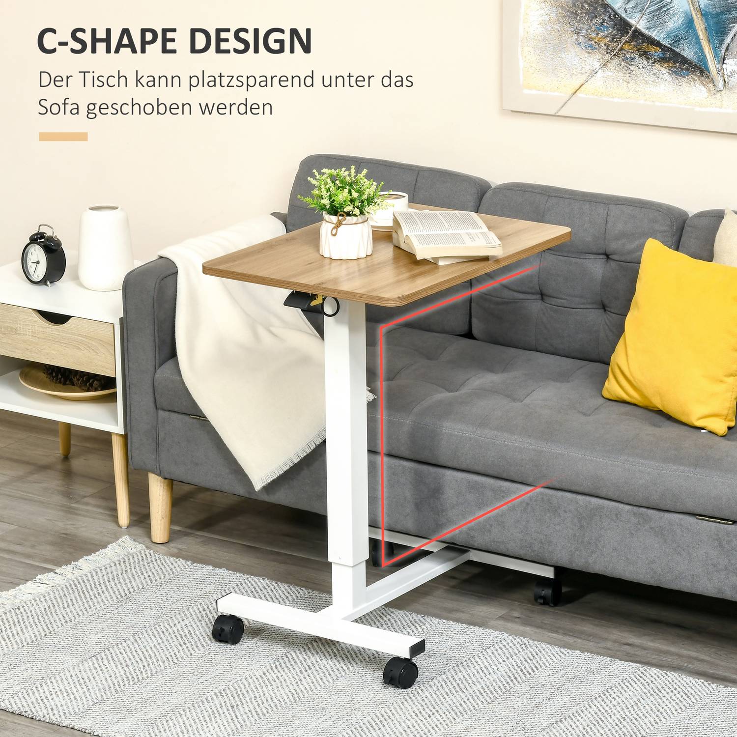 Höjdjusterbart stående skrivbord, hjul, C-form, 70-110 cm