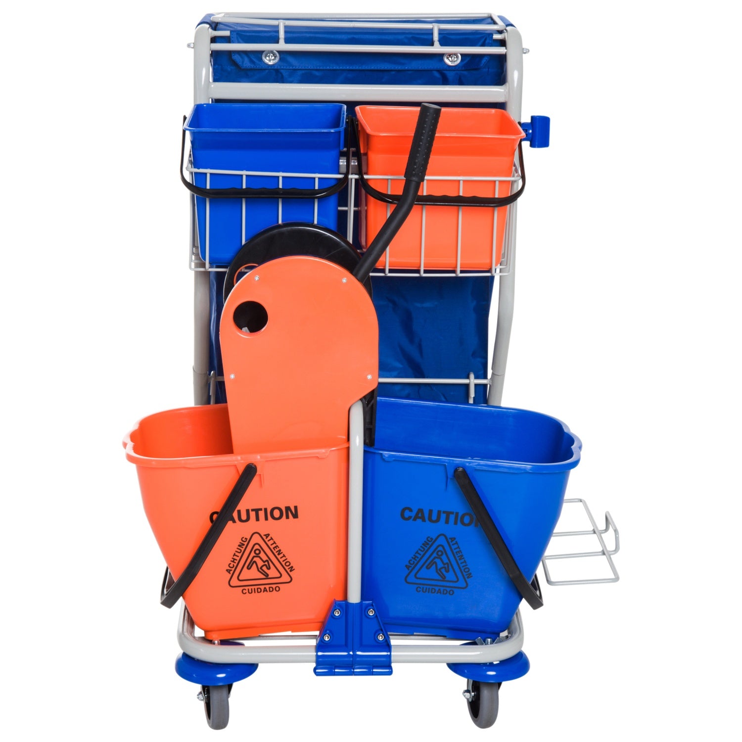 Rengöringsvagn med 4 skopor och hjul, blå/orange