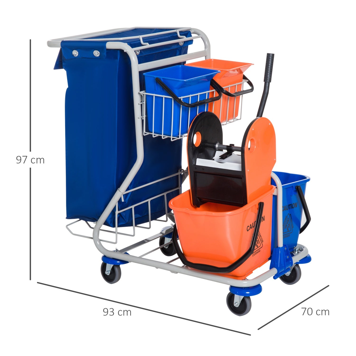 Rengöringsvagn med 4 skopor och hjul, blå/orange