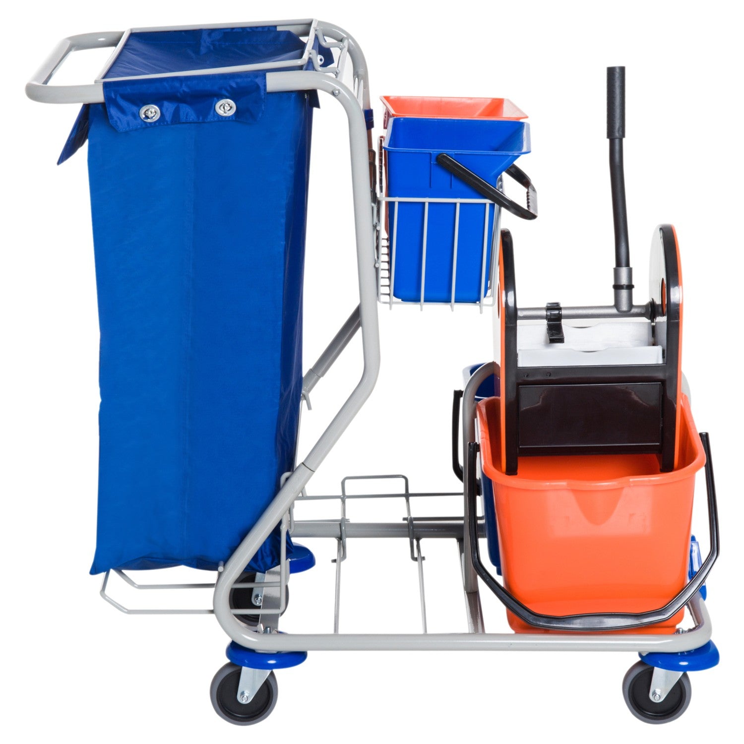 Rengöringsvagn med 4 skopor och hjul, blå/orange