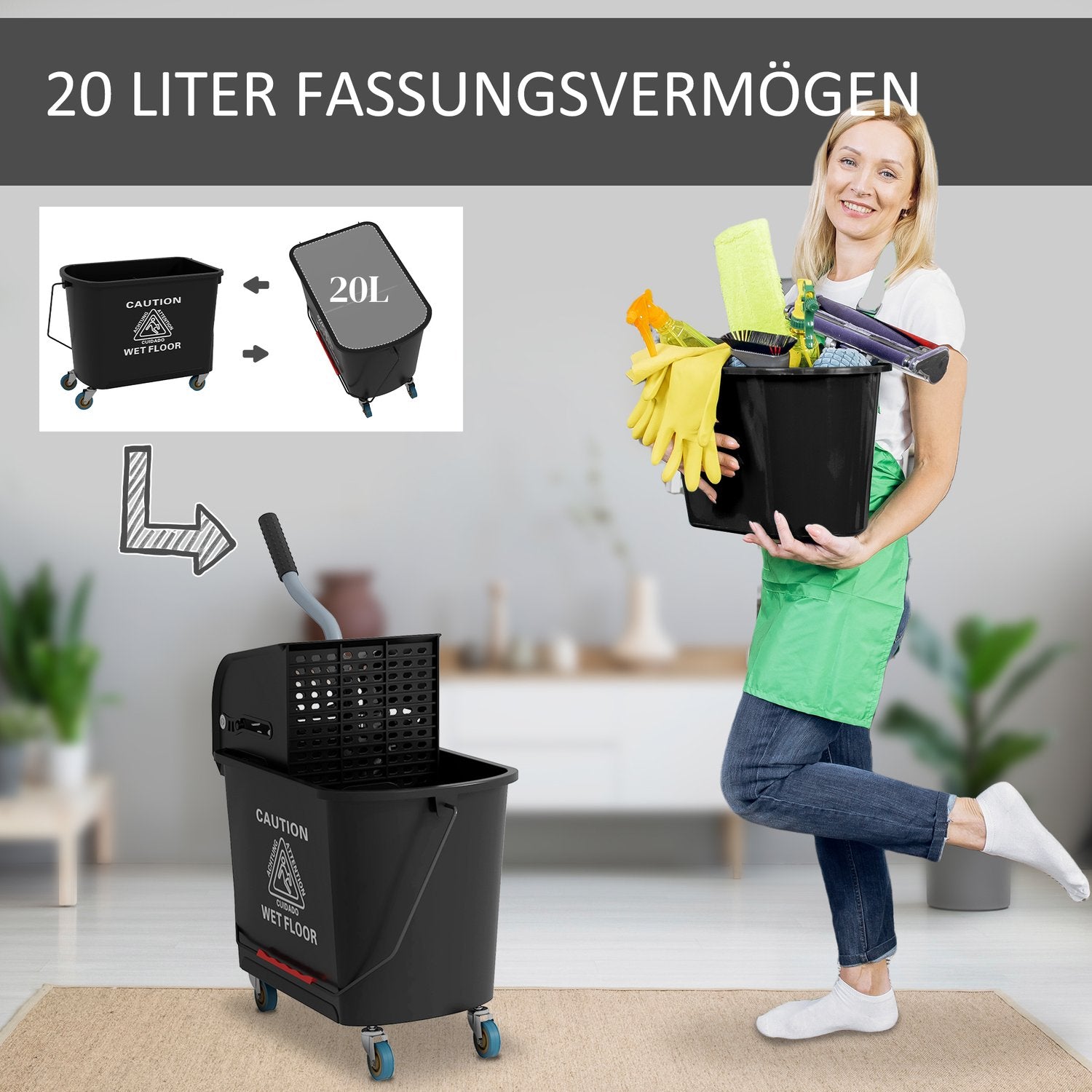 Rengöringsvagn med 20L Dubbelkammarhinkar - Svart