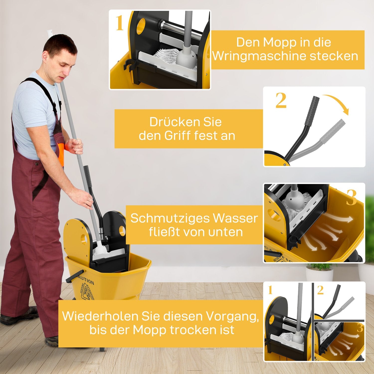 Rengöringsvagn med 26L hink & mopp – Gul