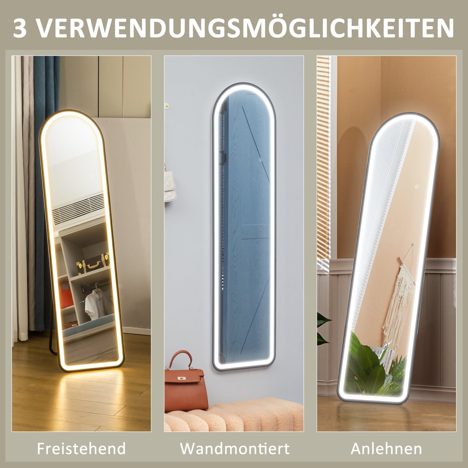 Stående hellängdsspegel, LED-ljus, Touch Switch, Svart