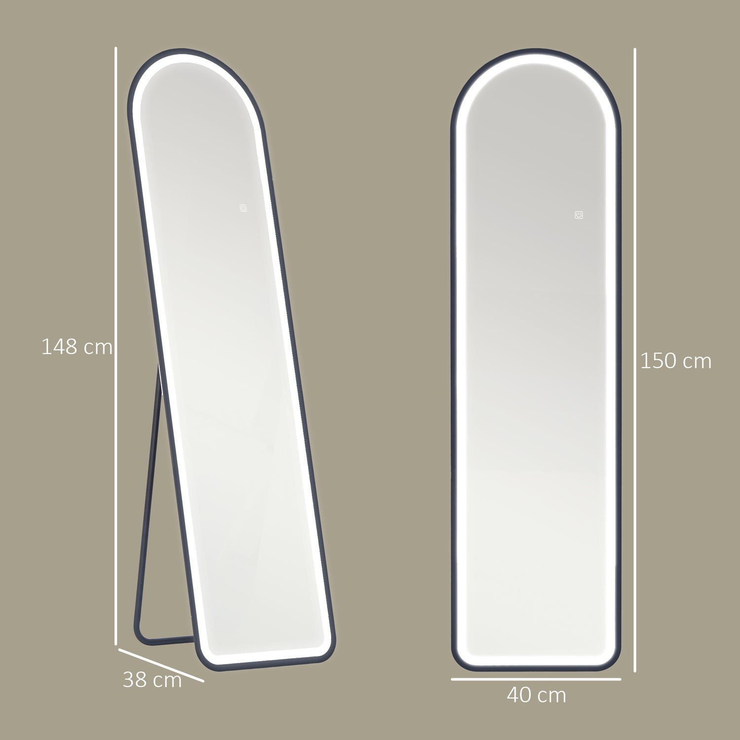 Stående hellängdsspegel, LED-ljus, Touch Switch, Svart