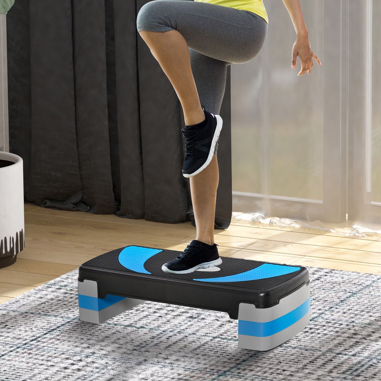 Ljusblå Aerobic Stepper, justerbar höjd, 150 kg kapacitet