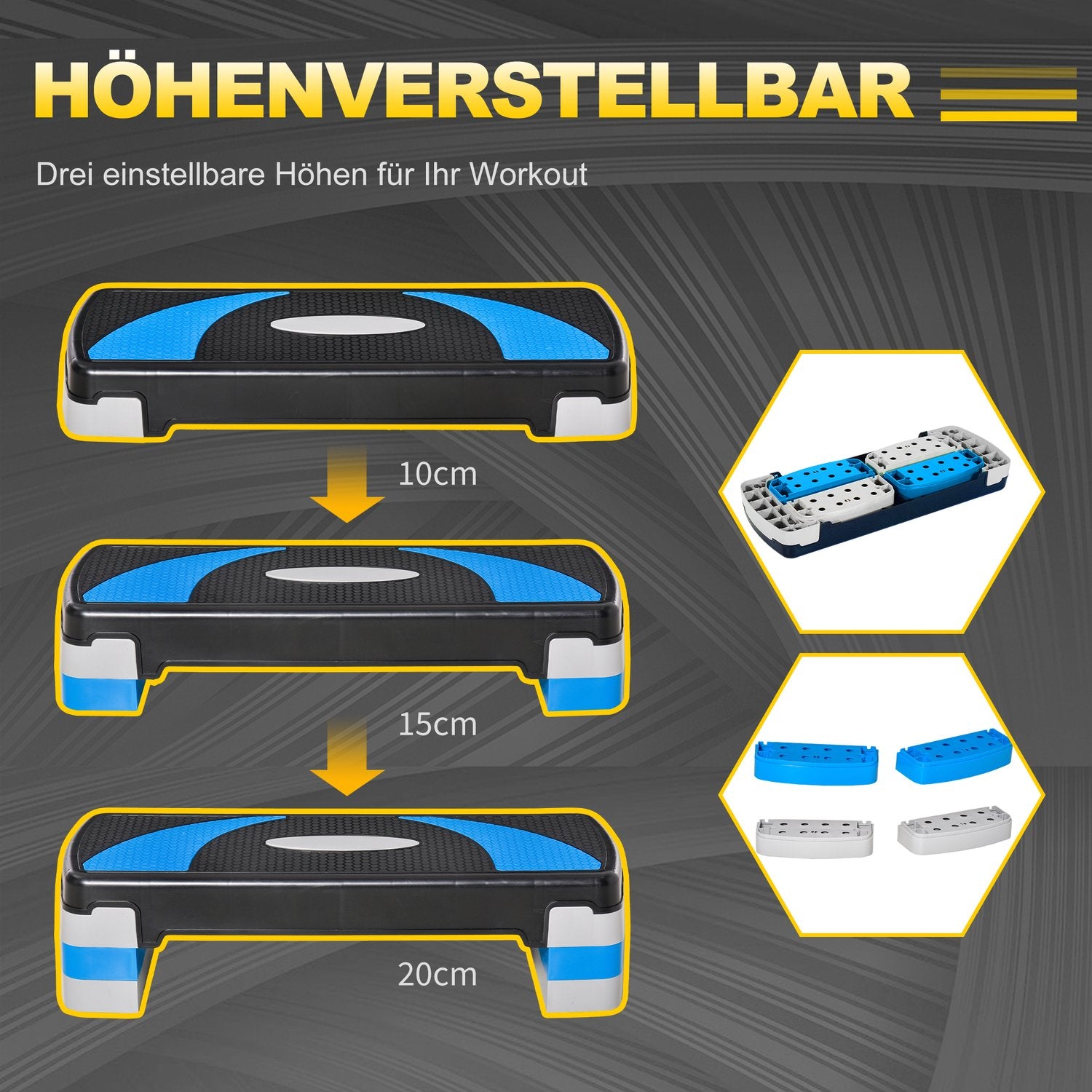 Ljusblå Aerobic Stepper, justerbar höjd, 150 kg kapacitet