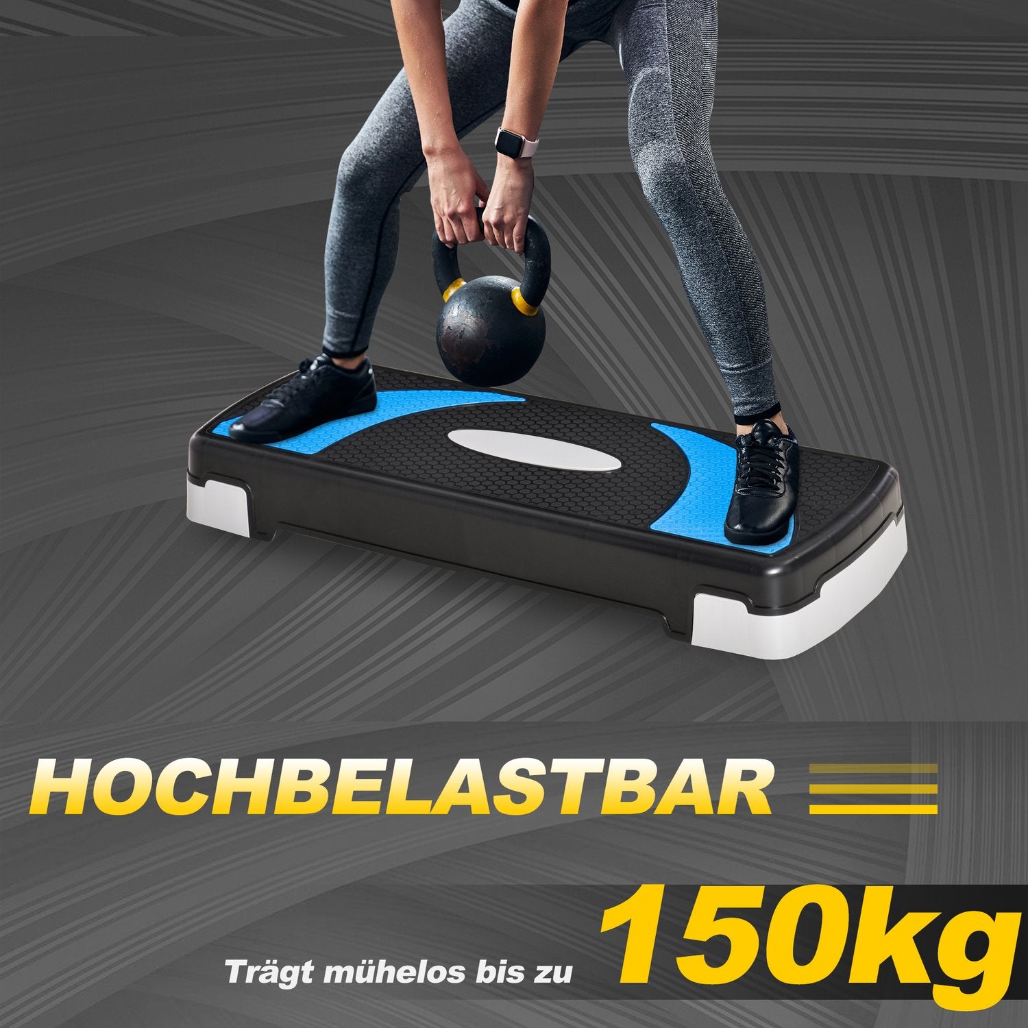 Ljusblå Aerobic Stepper, justerbar höjd, 150 kg kapacitet