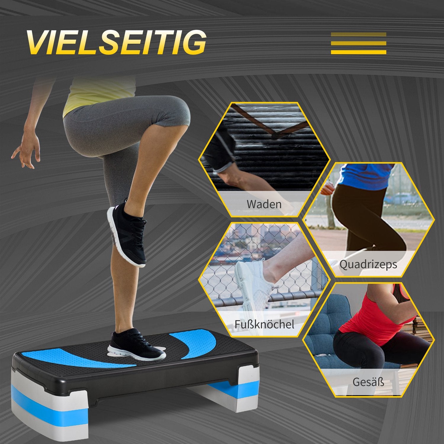 Ljusblå Aerobic Stepper, justerbar höjd, 150 kg kapacitet