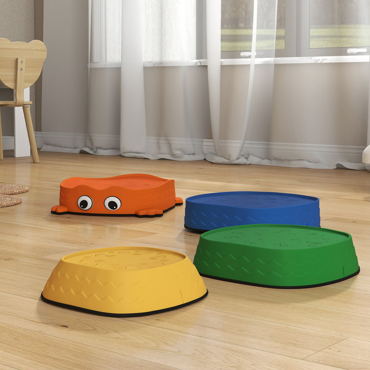 Trampesteinsett, stablebare, froskeformede, fargerik plast