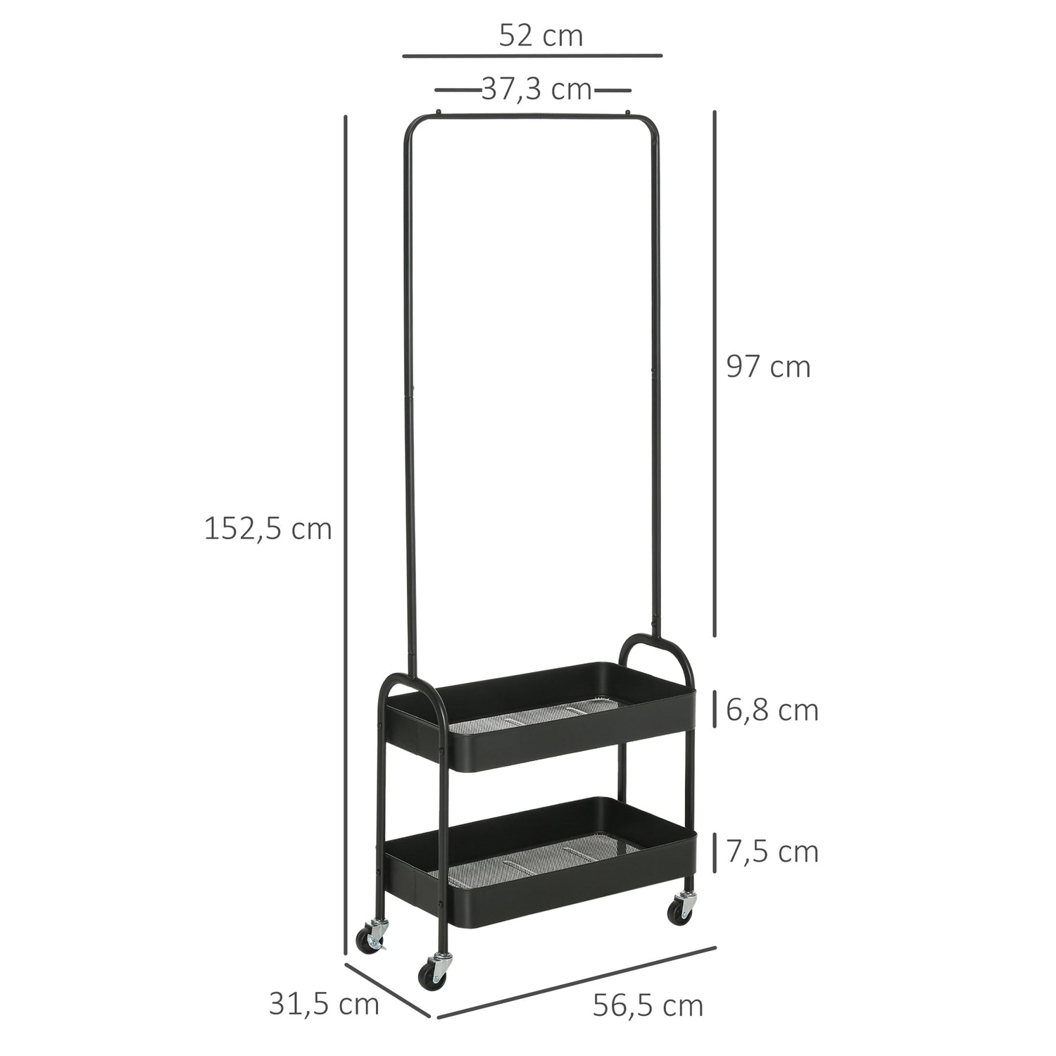Stål Kläder & skoställ på hjul, 16 kg kapacitet, svart