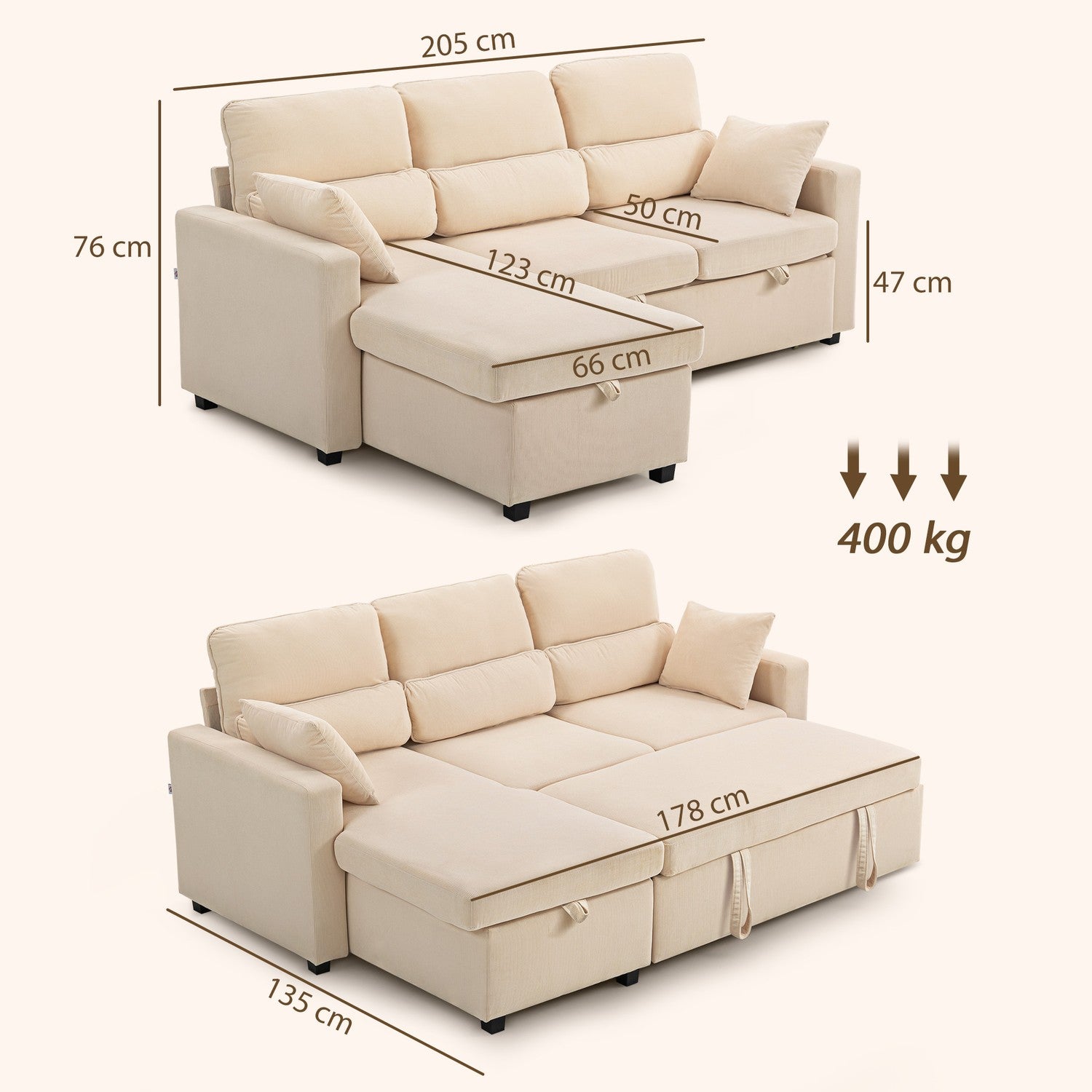 Ställbar L-formad bäddsoffa med förvaring, beige