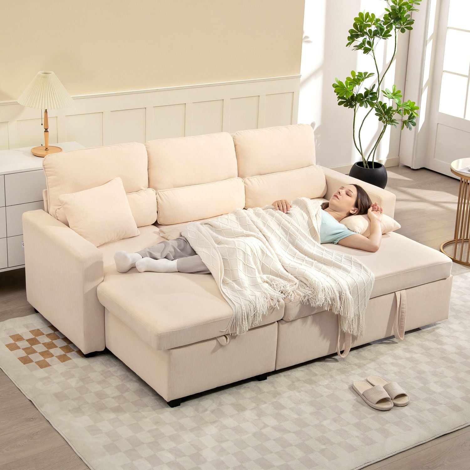 Ställbar L-formad bäddsoffa med förvaring, beige