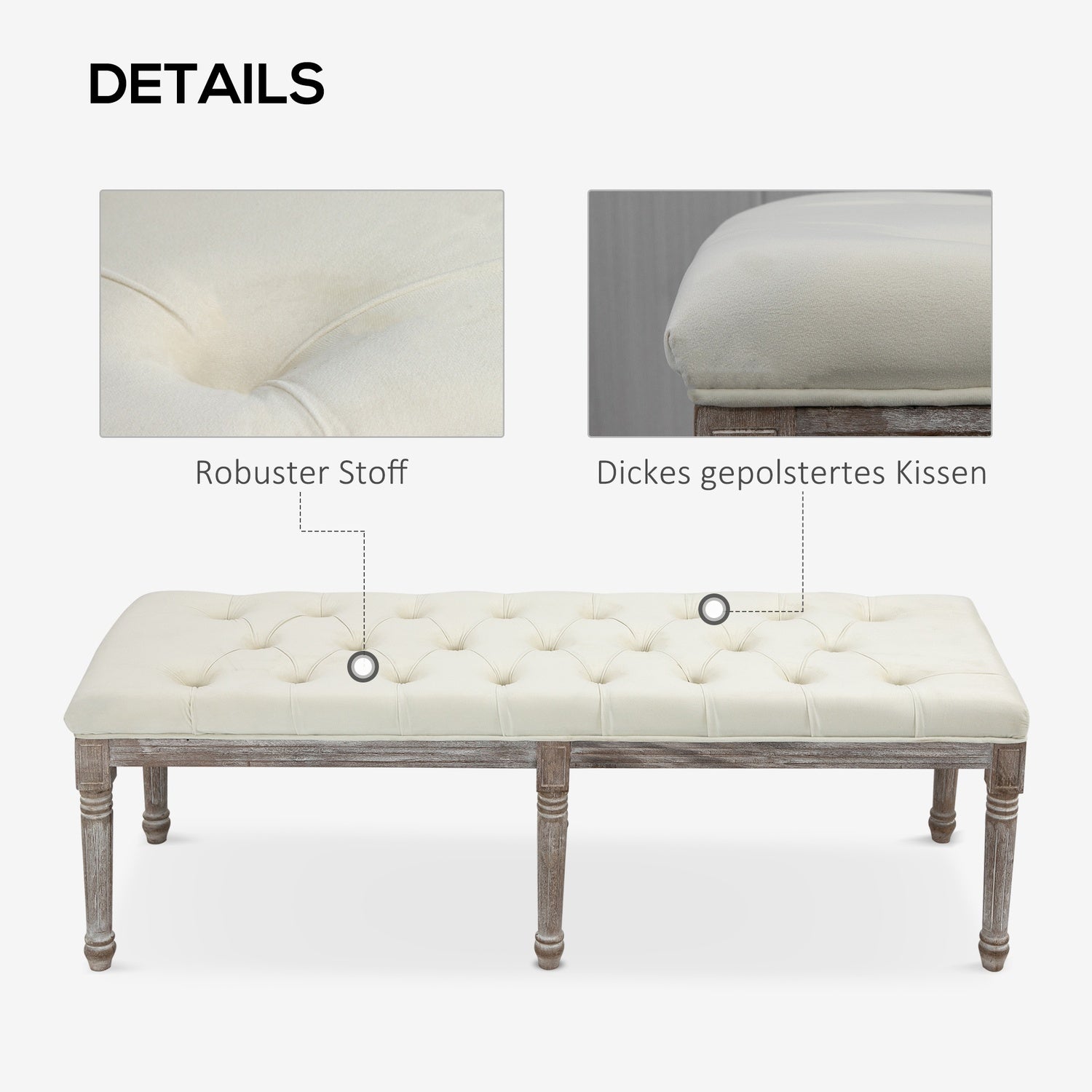 Beige vintage klädd bänk, sammetslen, 142x47x51 Cm