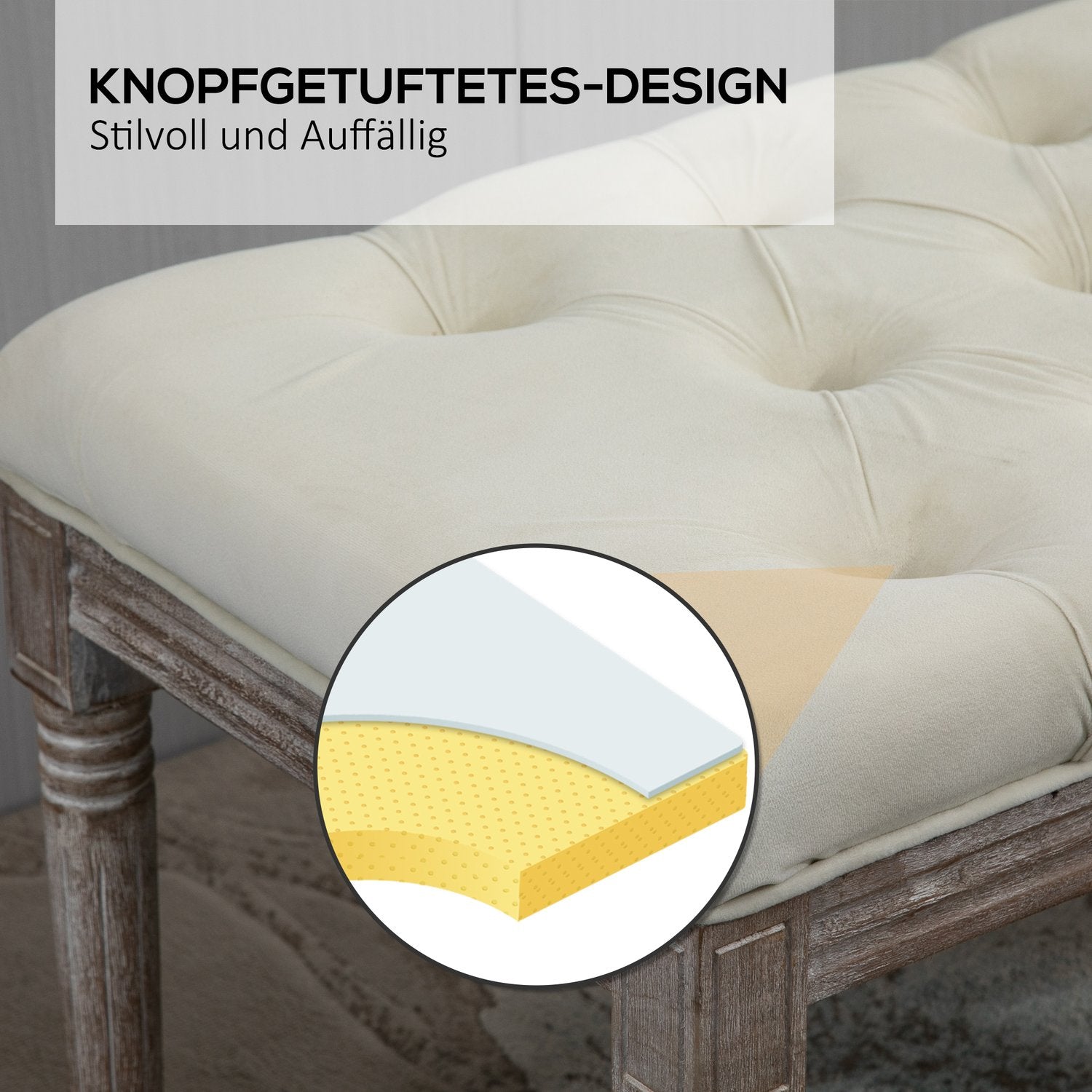 Beige vintage klädd bänk, sammetslen, 142x47x51 Cm