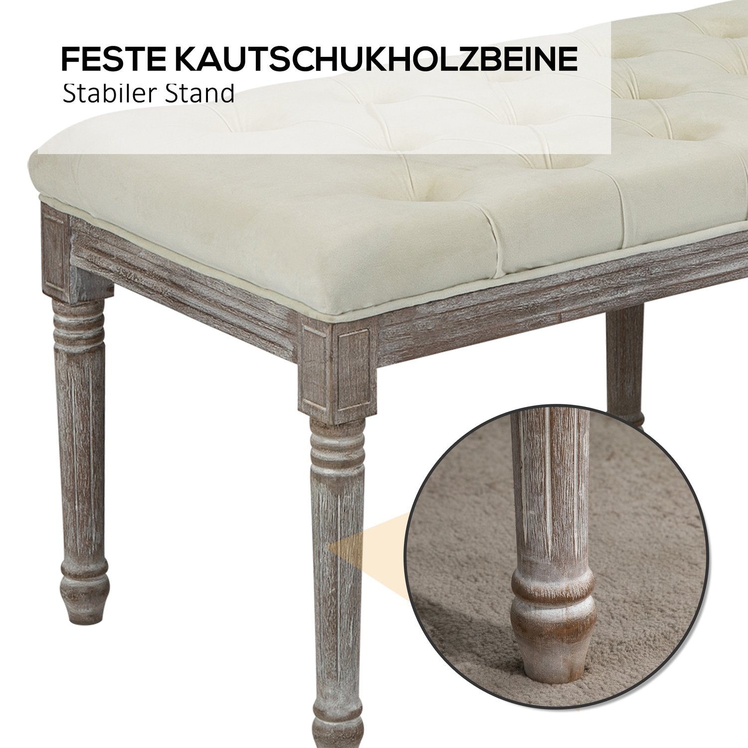 Beige vintage klädd bänk, sammetslen, 142x47x51 Cm