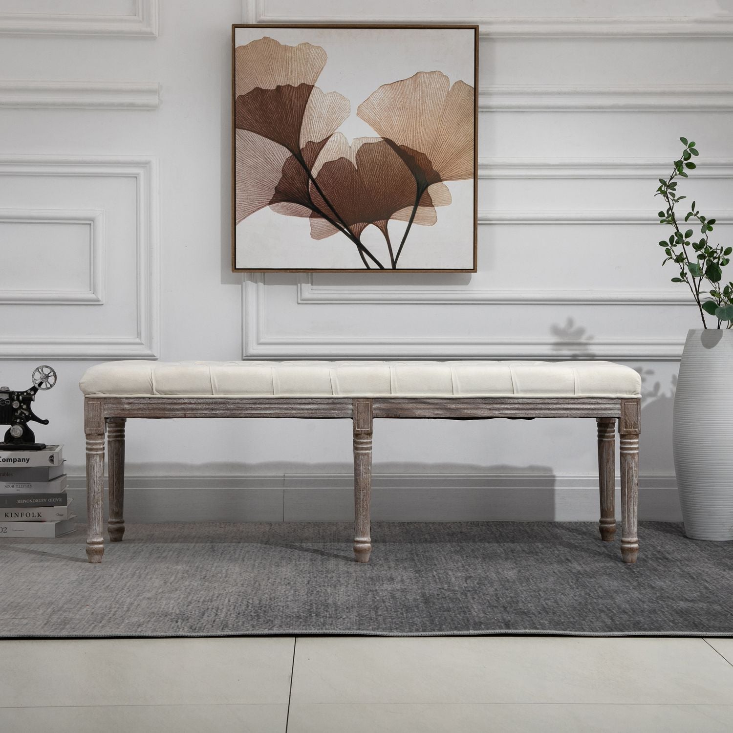 Beige vintage klädd bänk, sammetslen, 142x47x51 Cm