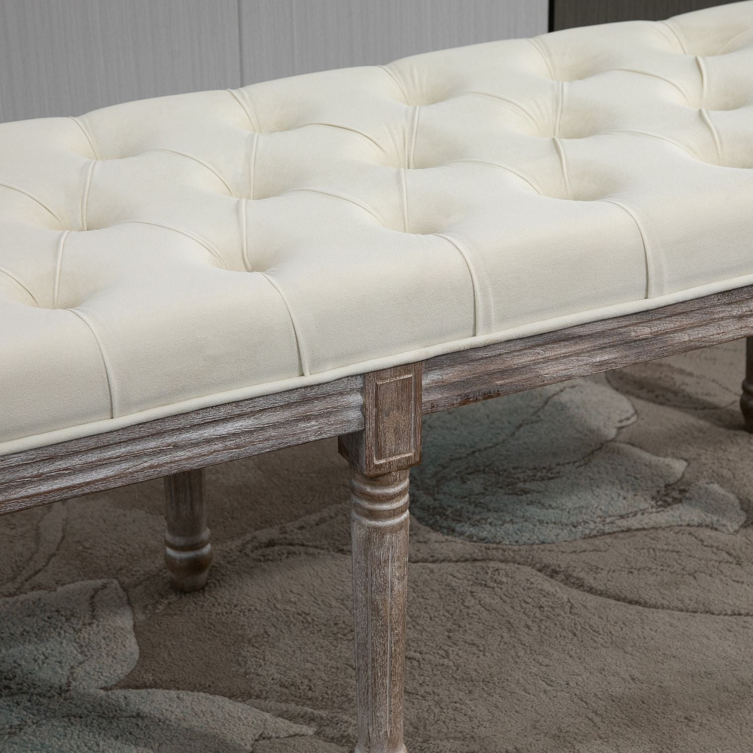 Beige vintage klädd bänk, sammetslen, 142x47x51 Cm