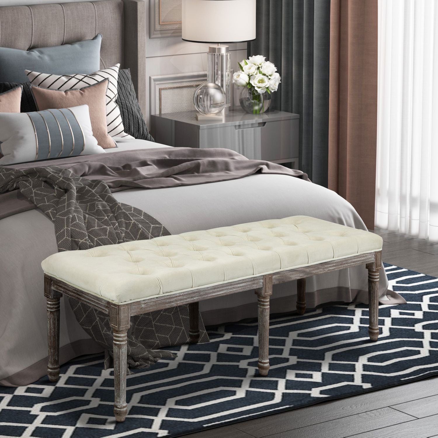 Beige vintage klädd bänk, sammetslen, 142x47x51 Cm