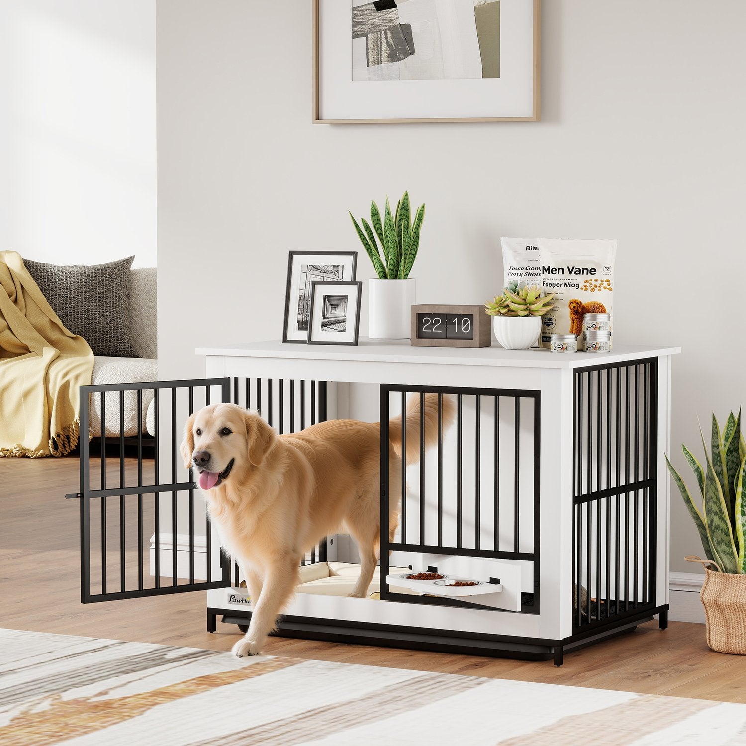 Stor hundbur, låsbar, enkel åtkomst, vridbar skålhållare