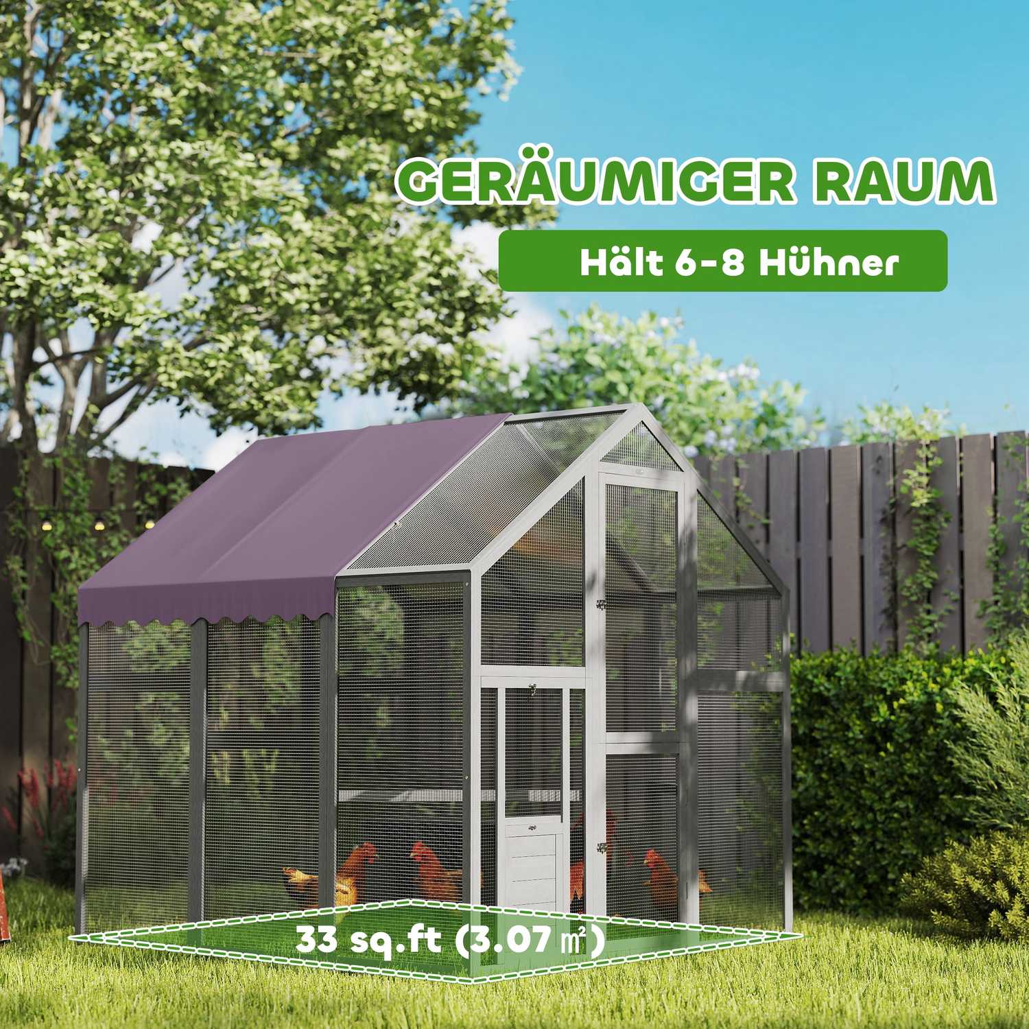 Stort hönshus utomhus med vattentätt tak, grått