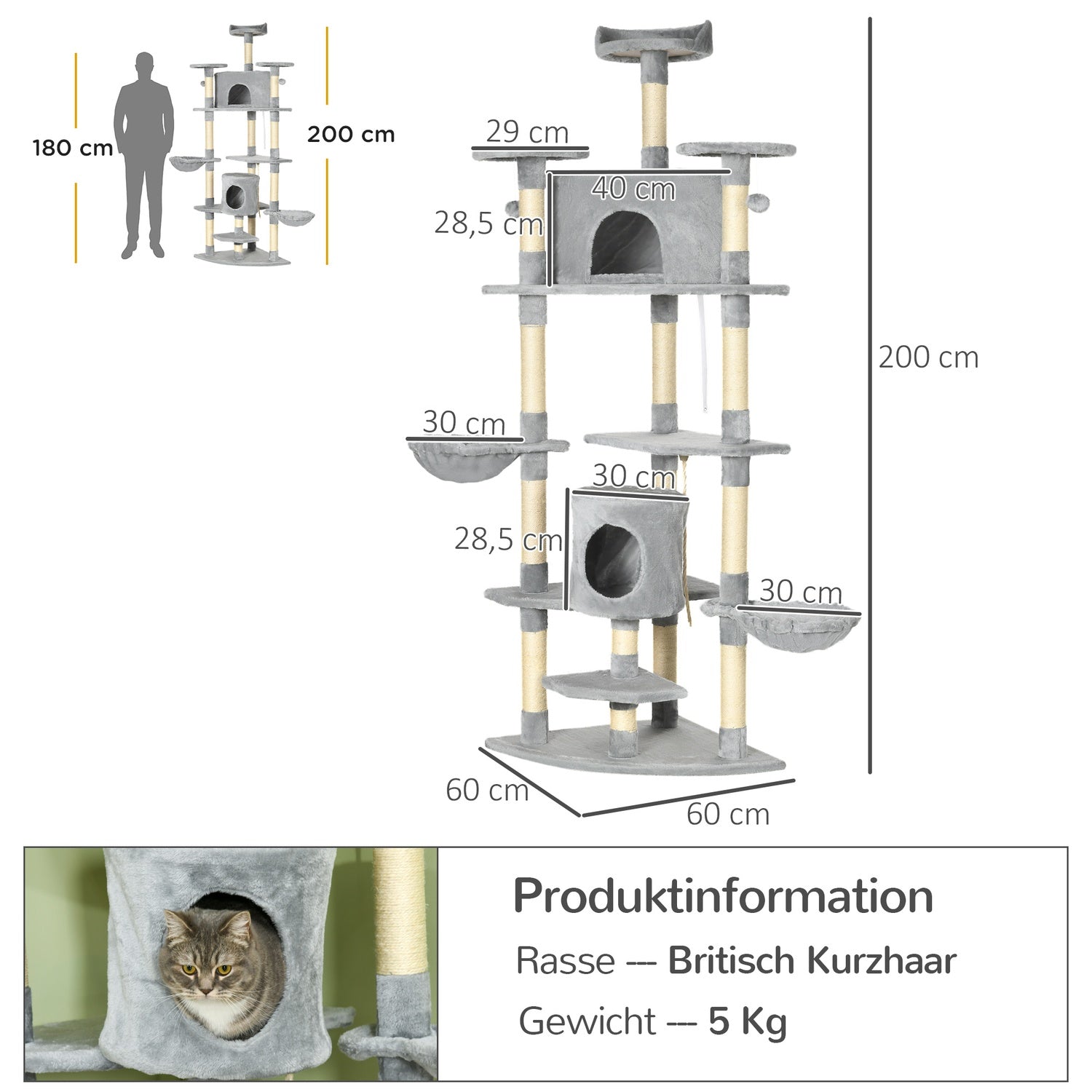 Stort kattträd med hängmattor och grottor, 200cm, ljusgrå
