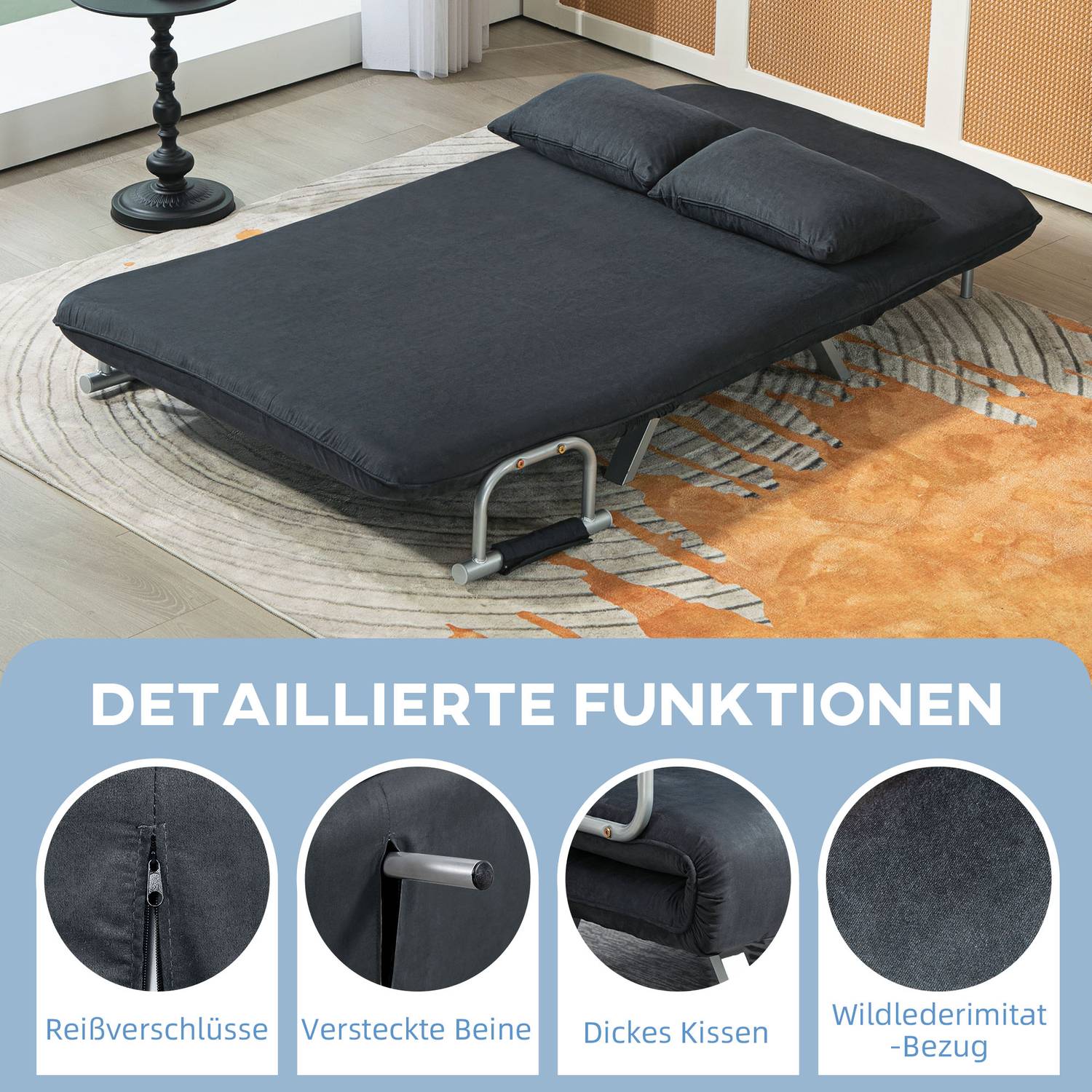 Svart 2-sits bäddsoffa, justerbart ryggstöd, sammetsfinish