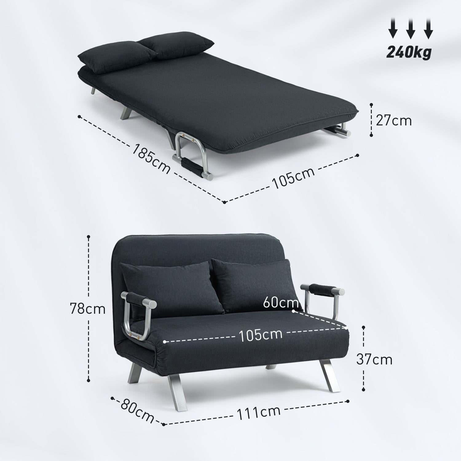Svart 2-sits bäddsoffa, justerbart ryggstöd, sammetsfinish