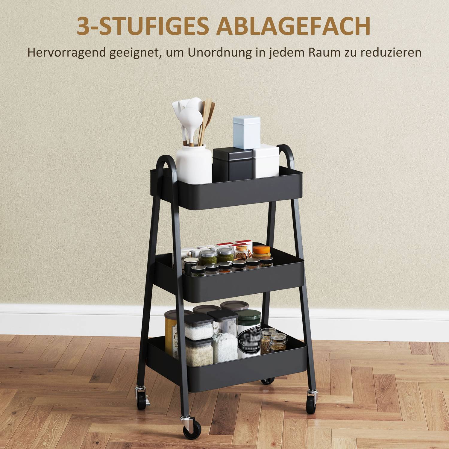 Svart 3-vånings köksvagn med hjul och broms