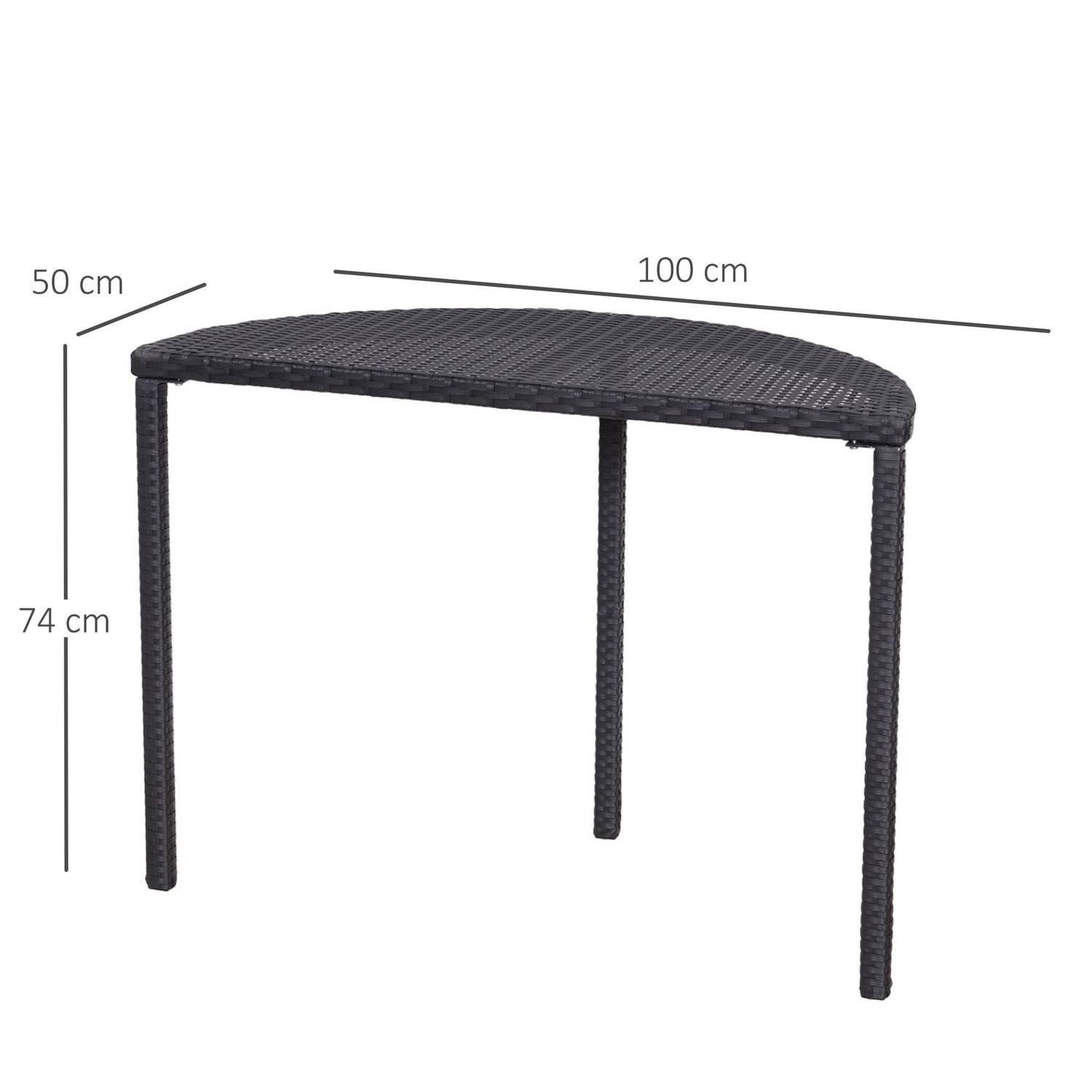Svart Polyrattan Halvrundt Balkongbord, 100x50x74 Cm
